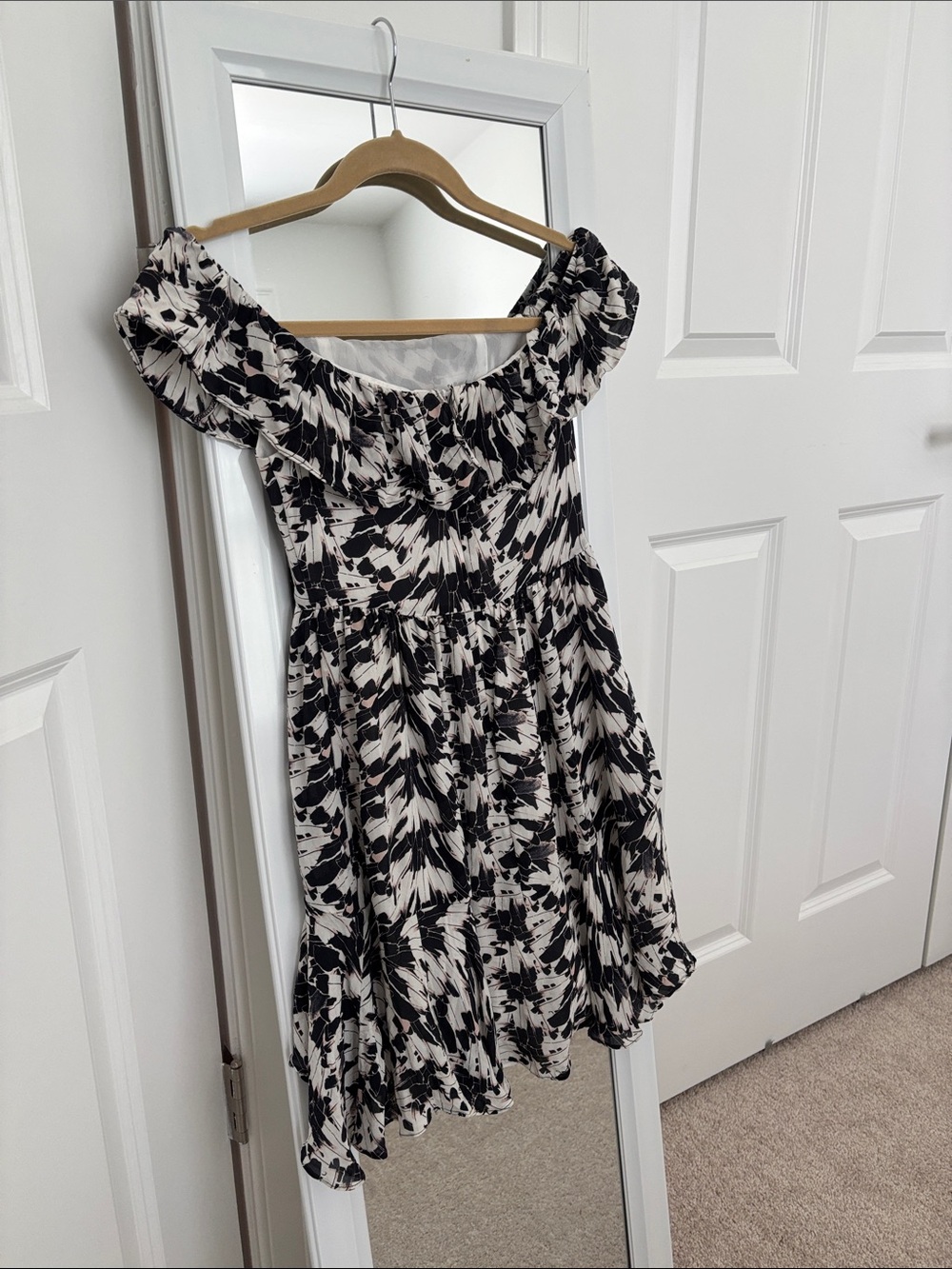 Love Shack Fancy Black & White Floral Off-Shoulder Dress